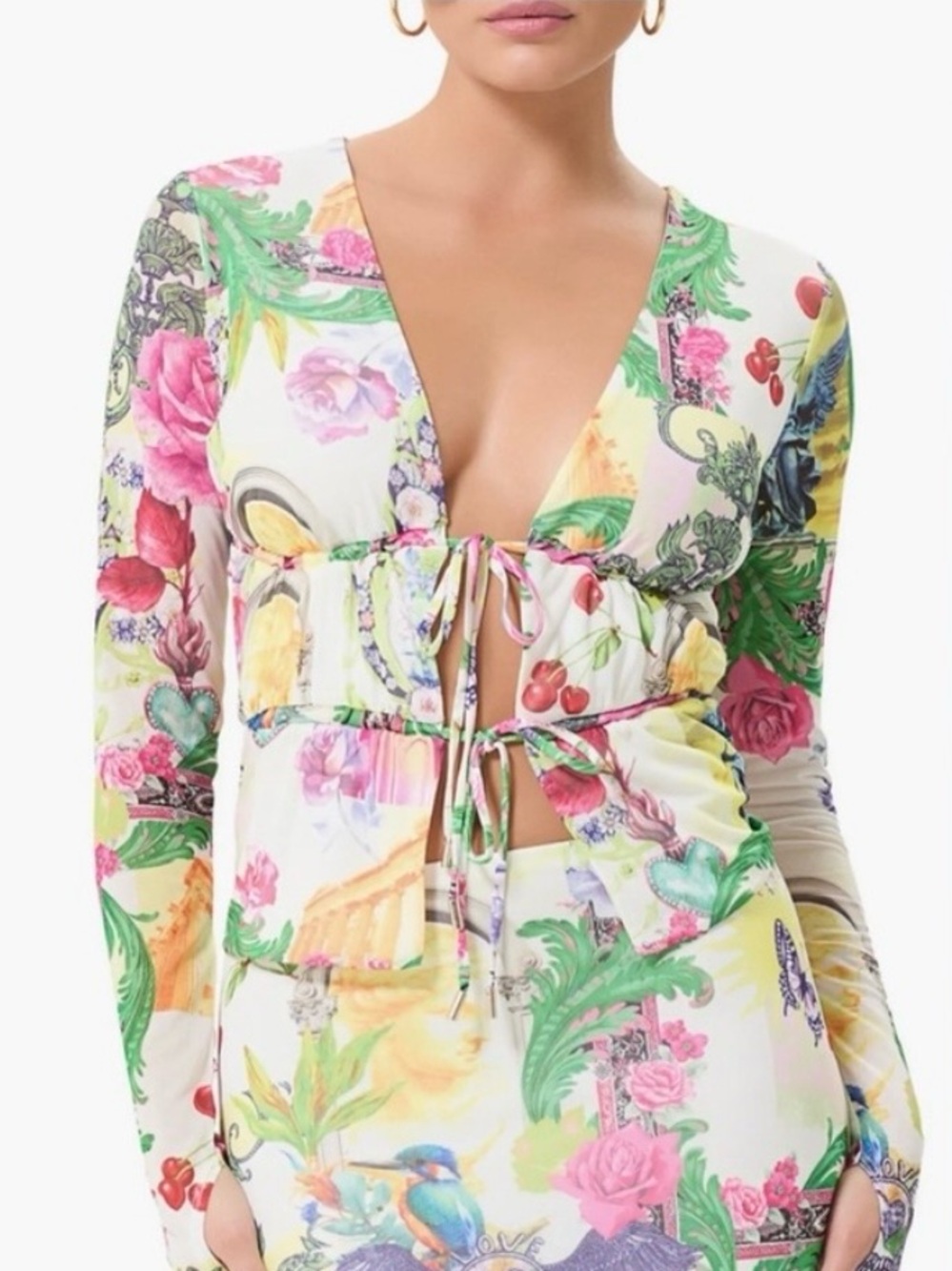 NWT AFRM Revolve Roman Mix Print Cane Long Sleeve Top Medium Mesh Tie Colorful
